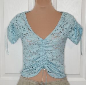 Vintage 90s Guess Jeans Lace Top Scoop Neck sky blue knit dainty